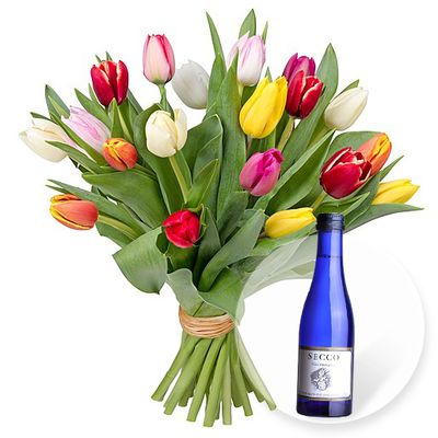 20 bunte Tulpen und Secco von Valentins auf blumen.de