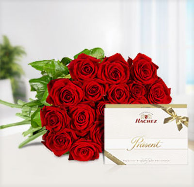 20 rote Rosen mit Hachez Präsent 