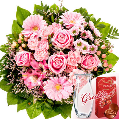 Blumenstrauß Blütentraum mit Vase & Lindt Lindor von FloraPrima auf blumen.de