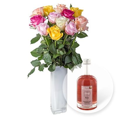 12 bunte Rosen und Rosen-Sirup von Valentins auf blumen.de