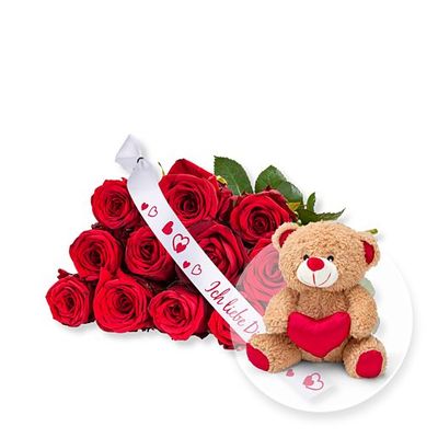 12 rote Rosen und Schleife: Ich liebe Dich!  von Valentins auf blumen.de