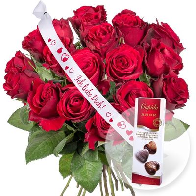 18 rote Rosen mit Liebesbotschaft von Valentins auf blumen.de