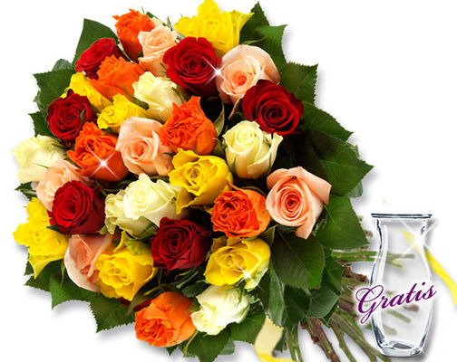 20 bunte Rosen im Bund mit Vase von 1-2-3Blumenversand.de auf blumen.de