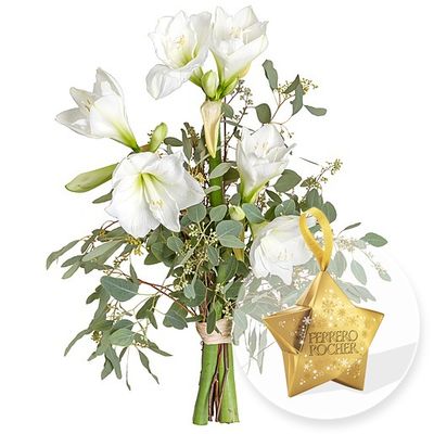 3 weiße Amaryllis und Ferrero Rocher Stern von Valentins auf blumen.de