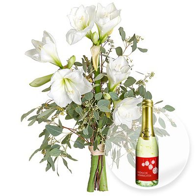 3 weiße Amaryllis und Goldtraum-Piccolo von Valentins auf blumen.de