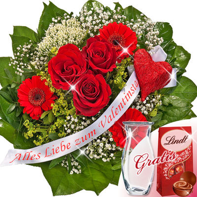 Blumenstrauß Alles Liebe zum Valentinstag mit Vase & Lindt Lindor von FloraPrima auf blumen.de