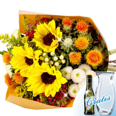 Blumenstrauß Sonnengrüße mit Vase und Secco von FloraPrima auf blumen.de