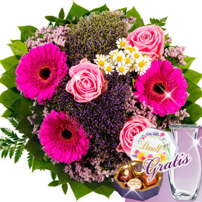 Blumenstrauß Zauberhaft mit Vase und Lindt Pralinés von FloraPrima auf blumen.de