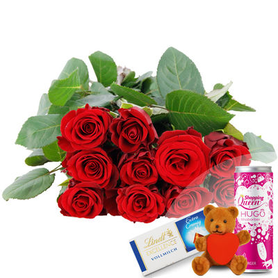 10 Edelrosen mit Herzteddy, Hugo und Lindt-Schokolade von Bluvesa auf blumen.de