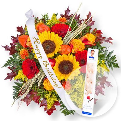 Goldener Herbst und Schleife: Happy Birthday!  von Valentins auf blumen.de