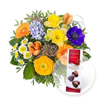 Happy Spring und Pralinen-Herzen von Valentins auf blumen.de