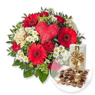 Herzensgruß und Belgische Pralinen von Valentins auf blumen.de