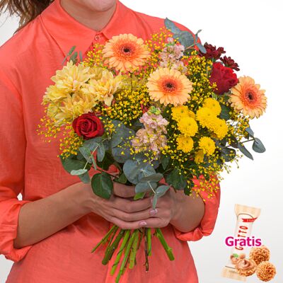 Strauß mit Germini, Rosen und Schleierkraut von 1-2-3Blumenversand.de auf blumen.de