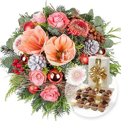 Weihnachtsmorgen und Belgische Pralinen von Valentins auf blumen.de