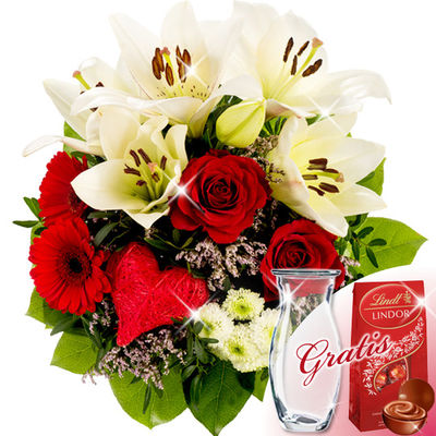Blumenstrauß Tango mit Vase & Lindt Lindor von FloraPrima auf blumen.de