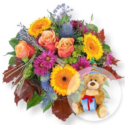 Colours und Glückwunsch-Teddy von Valentins auf blumen.de